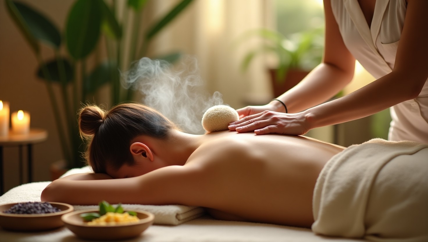 Kobieta leży na brzuchu w relaksacyjnej scenerii spa, podczas masażu stemplami ziołowymi. Terapeutka przykłada parujący stempel do jej pleców. W tle zapalone świece, zielone rośliny i miseczki z ziołami tworzą kojącą atmosferę.