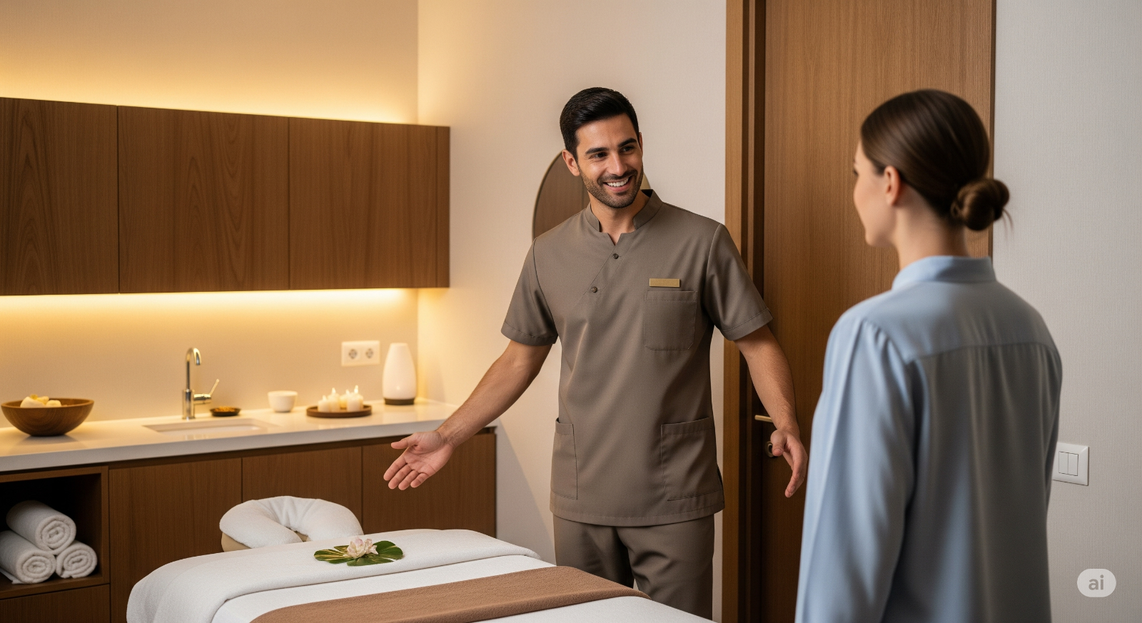 uśmiechnięty mężczyzna-masażysta w beżowym uniformie zaprasza jedną klientkę do eleganckiego gabinetu spa. W tle widoczny jest stół do masażu i minimalistyczny wystrój.