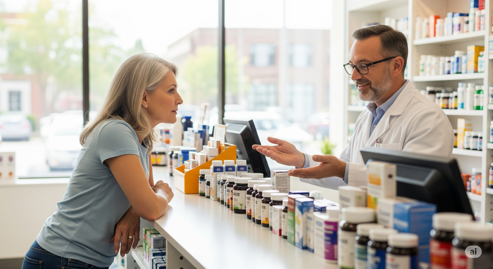 obraz przedstawiający kobietę konsultującą się z farmaceutą w aptece, omawiającą leki bez recepty i suplementy diety