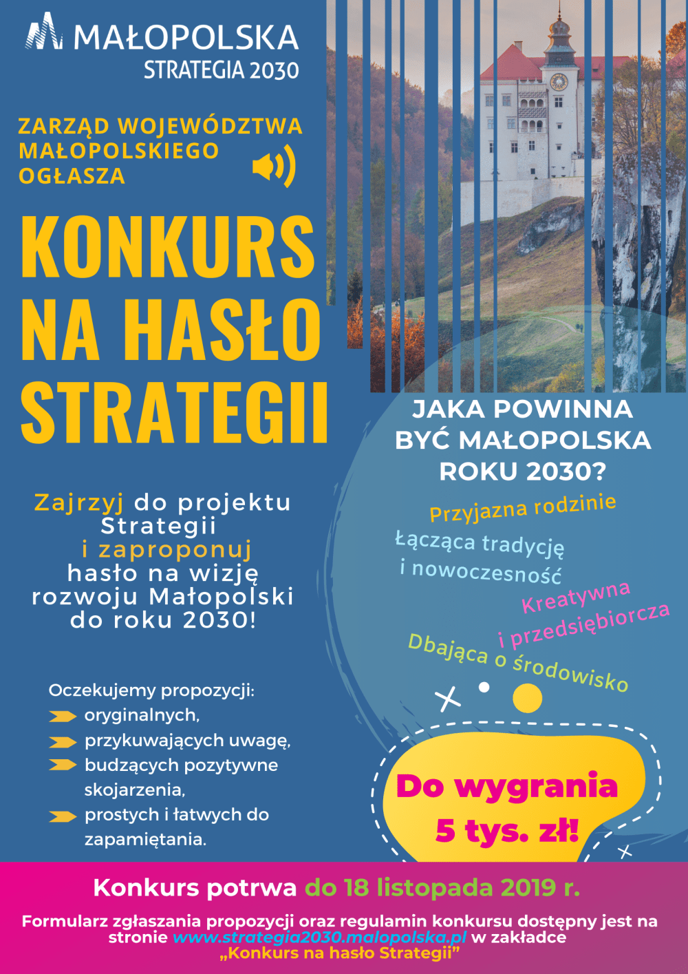 Plakat informujący o konkursie na hasło Strategii „Małopolska 2030” 