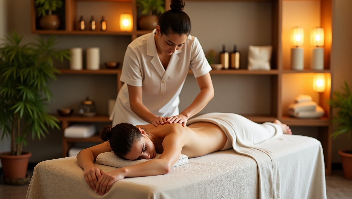 Kobieta w spa wykonuje relaksacyjny masaż pleców klientce leżącej na stole do masażu, przykrytej jasnym ręcznikiem. W tle przytulne wnętrze z bambusowymi roślinami, półkami z ręcznikami, olejkami i świecami emitującymi ciepłe, przytłumione światło.