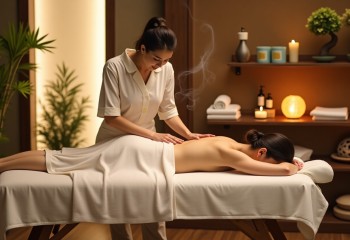 <p>Kobieta w spa wykonuje relaksacyjny masaż pleców klientce leżącej na stole do masażu, przykrytej jasnym ręcznikiem. W tle przytulne wnętrze z bambusowymi roślinami, półkami z ręcznikami,</p>