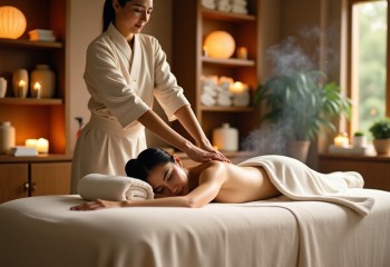 <p>Kobieta w spa wykonuje relaksacyjny masaż pleców klientce leżącej na stole do masażu, przykrytej jasnym ręcznikiem. W tle przytulne wnętrze z bambusowymi roślinami, półkami z ręcznikami,</p>