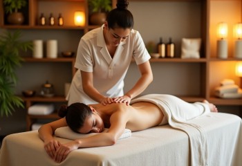 <p>Kobieta w spa wykonuje relaksacyjny masaż pleców klientce leżącej na stole do masażu, przykrytej jasnym ręcznikiem. W tle przytulne wnętrze z bambusowymi roślinami, półkami z ręcznikami,</p>