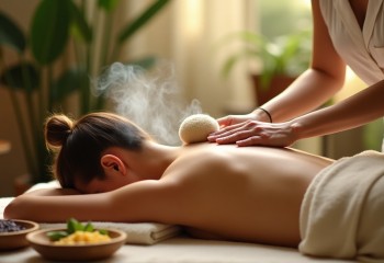 <p>Kobieta leży na brzuchu w relaksacyjnej scenerii spa, podczas masażu stemplami ziołowymi. Terapeutka przykłada parujący stempel do jej pleców. W tle zapalone świece, zielone rośliny i…</p>