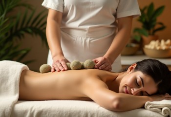 <p>Kobieta leży na brzuchu w relaksacyjnej scenerii spa, podczas masażu stemplami ziołowymi. Terapeutka przykłada parujący stempel do jej pleców. W tle zapalone świece, zielone rośliny i…</p>