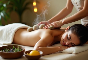 <p>Kobieta leży na brzuchu w relaksacyjnej scenerii spa, podczas masażu stemplami ziołowymi. Terapeutka przykłada parujący stempel do jej pleców. W tle zapalone świece, zielone rośliny i…</p>