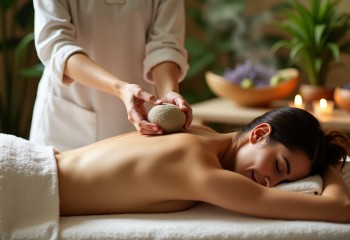 <p>Kobieta leży na brzuchu w relaksacyjnej scenerii spa, podczas masażu stemplami ziołowymi. Terapeutka przykłada parujący stempel do jej pleców. W tle zapalone świece, zielone rośliny i…</p>