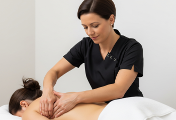 <p>Realistyczne zbliżenie przedstawiające masaż głębokich tkanek, gdzie kobieta-terapeutka w czarnym stroju uciska plecy leżącej na stole kobiety-klientki w klinicznym gabinecie masażu. Widoczne…</p>