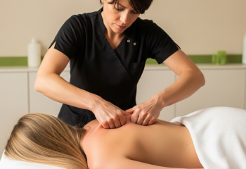 <p>Realistyczne zbliżenie przedstawiające masaż głębokich tkanek, gdzie kobieta-terapeutka w czarnym stroju uciska plecy leżącej na stole kobiety-klientki w klinicznym gabinecie masażu. Widoczne…</p>