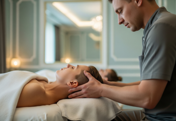 <p>Realistyczne zbliżenie przedstawiające masaż głowy, gdzie mężczyzna-terapeuta masuje głowę leżącego na stole pacjenta, w luksusowym ośrodku SPA z eleganckim wystrojem. W tle widać lustro…</p>
