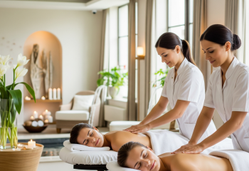 Realistyczne zdjęcie w formacie 16:9 przedstawiające dwie masażystki w szarych uniformach, wykonujące masaże pleców dwóm klientkom w luksusowym gabinecie SPA