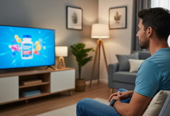 obraz przedstawiający mężczyznę oglądającego w telewizji reklamę leku bez recepty lub suplementu diety