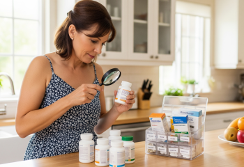 obraz przedstawiający kobietę sprawdzającą za pomocą lupy etykietę na opakowaniu leku i porządkującą leki oraz suplementy diety w domowej apteczce